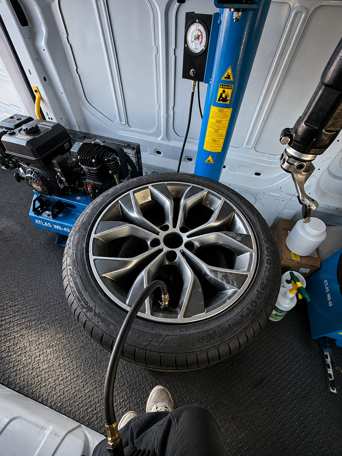 Tire service being performed inside the AutoGroove van
